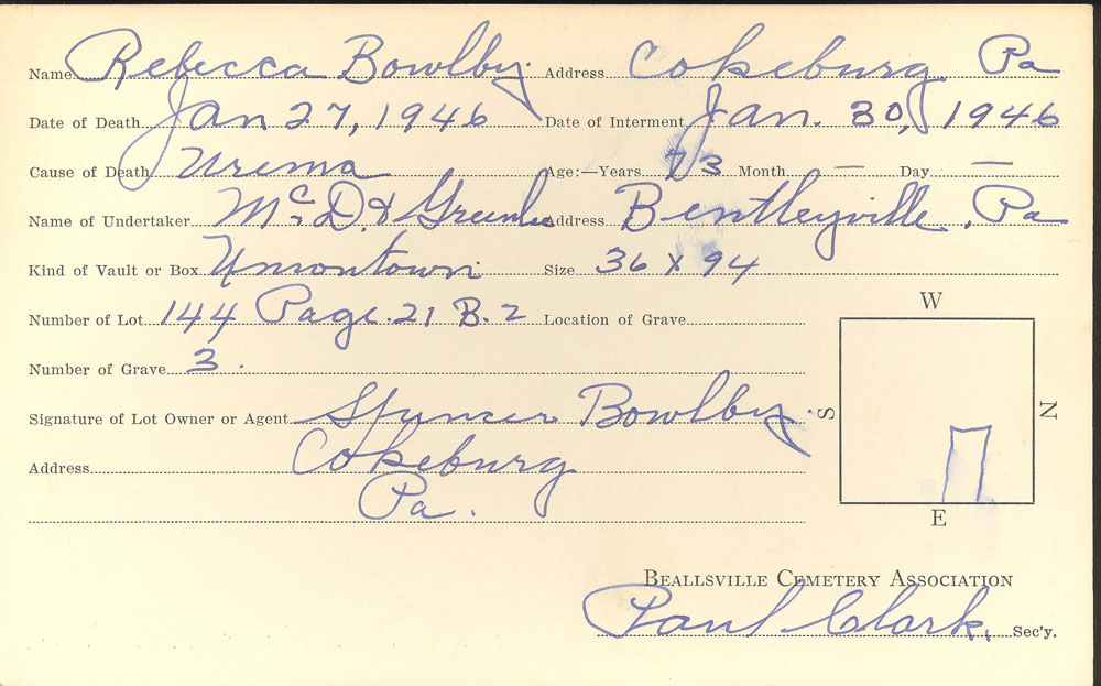 Rebecca Bowlby burial card
